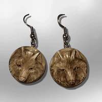 Bone Carved Round Wolf Head No Paint Handmade Detailed Hook Dangle Earrings - Kachina City