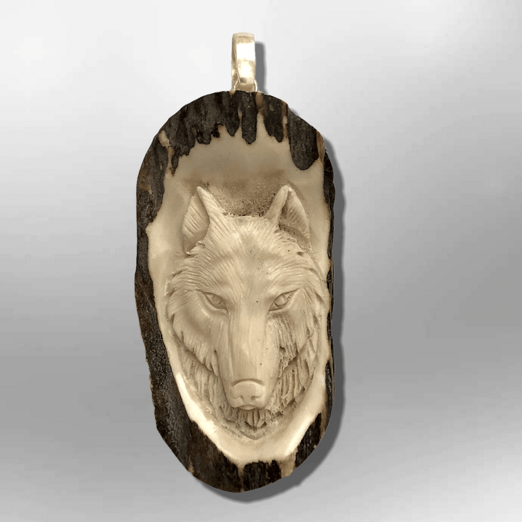 Bone Carved Handmade No Paint Wolf Head Oval Flat Back Detailed Pendant - Kachina City