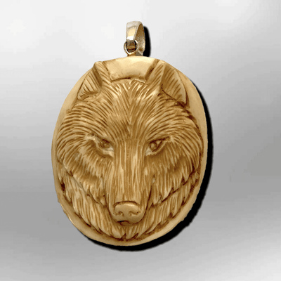Handmade Bone Carved Wolf Head Round Oval Curved Back No Paint Detailed Pendant