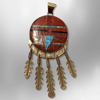 Bronze Handmade Inlay Different Stones Large Sun Face With Feathers Pendant - Kachina City