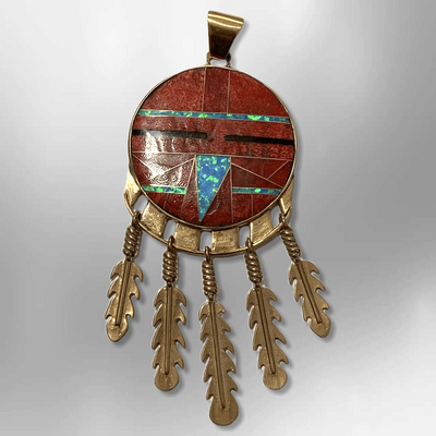 Bronze Handmade Inlay Different Stones Large Sun Face With Feathers Pendant