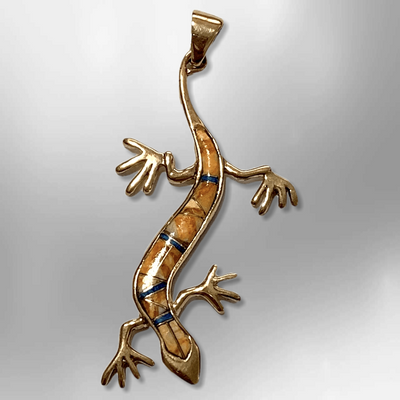 Bronze Handmade Inlay Multi-Stone Long Lizard Gecko Pendant