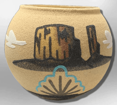 Handmade Native Navajo Sand Painting Canyon Cloud Round Ball Shape Glass Pottery