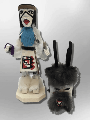Navajo Handmade Painted Aspen Wood Six Inch Deer with Mask Kachina Doll