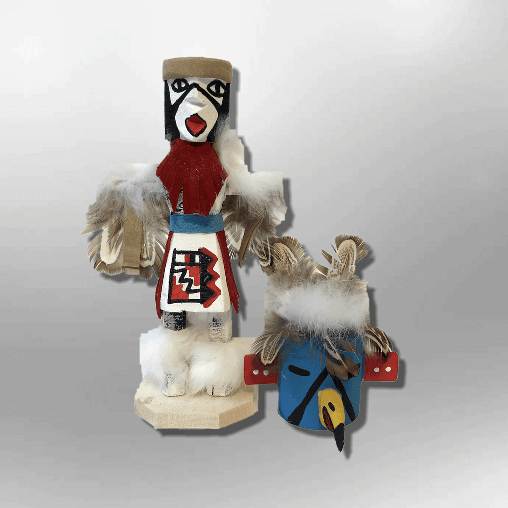 Navajo Handmade Painted Aspen Wood Six Inch Eagle with Mask Kachina Doll - Kachina City