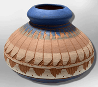 Handmade Indian Native Navajo Clay Etched Small Brown Blue Design Oval Shape Pottery - Kachina City