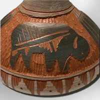 Handmade Indian Native Navajo Clay Etched Small Brown Buffalo Design Narrow Hole Oval Shape Pottery - Kachina City