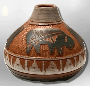 Handmade Indian Native Navajo Clay Etched Small Brown Buffalo Design Narrow Hole Oval Shape Pottery - Kachina City