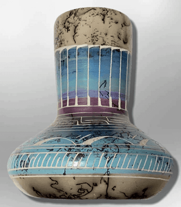 Handmade Indian Native Navajo Clay with Horse Hair Small Light Blue Purple Long Hole Shape Vase Pottery - Kachina City