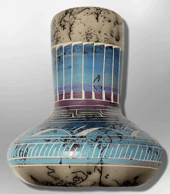 Handmade Indian Native Navajo Clay with Horse Hair Small Light Blue Purple Long Hole Shape Vase Pottery