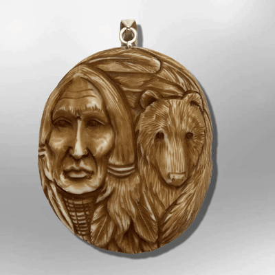 Bone Carved Handmade Indian Head with Bear Head Feather Round Circular Shape Curved Back No Paint Detailed Pendant