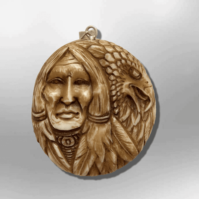 Bone Carved Handmade Indian Head with Eagle Head Feather Round Circular Shape Curved Back No Paint Detailed Pendant