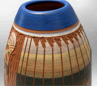 Handmade Indian Native Navajo Clay Etched Small Blue Kokopelli Design Oval Shape Pottery - Kachina City