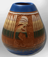 Handmade Indian Native Navajo Clay Etched Small Blue Kokopelli Design Oval Shape Pottery - Kachina City