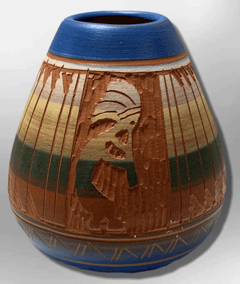Handmade Indian Native Navajo Clay Etched Small Blue Kokopelli Design Oval Shape Pottery