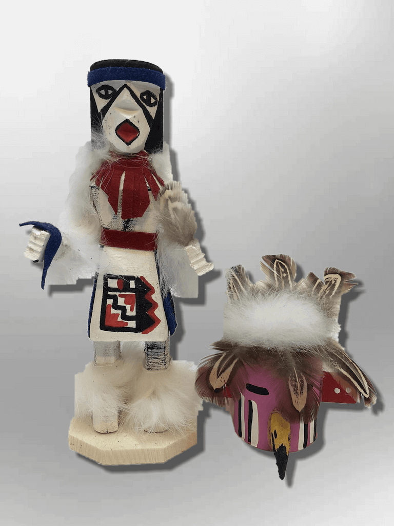 Navajo Handmade Painted Aspen Wood Six Inch Red Tail Hawk with Mask Kachina Doll - Kachina City