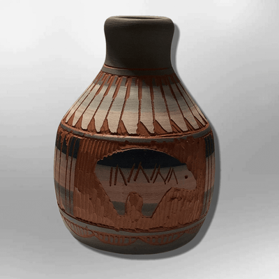 Handmade Indian Native Navajo Clay Etched Small Gray Bear Design Narrow Hole Shape Pottery