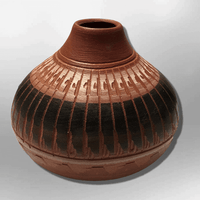 Handmade Indian Native Navajo Clay Etched Small Brown Bear Design Narrow Hole Oval Shape Pottery - Kachina City