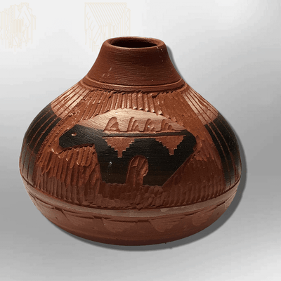 Handmade Indian Native Navajo Clay Etched Small Brown Bear Design Narrow Hole Oval Shape Pottery
