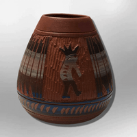 Handmade Indian Native Navajo Clay Etched Small Brown Kokopelli Design Oval Shape Pottery - Kachina City