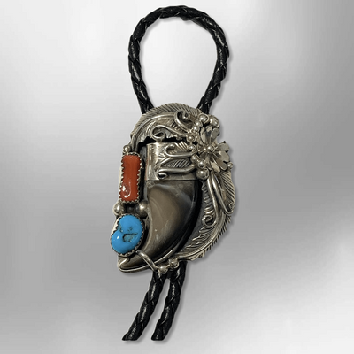 Sterling Silver Navajo Handmade Bear Claw Natural Turquoise Coral Bolo Tie