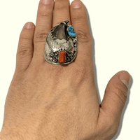 Sterling Silver Navajo Handmade Large Genuine Bear Claw Turquoise Coral Size 11.5 Old Ring - Kachina City