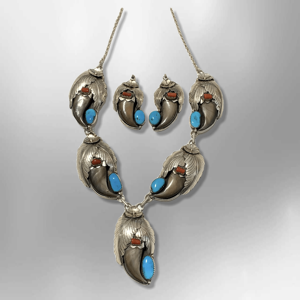 Navajo Sterling Silver Genuine Bear Claw Turquoise Coral Necklace Set - Kachina City