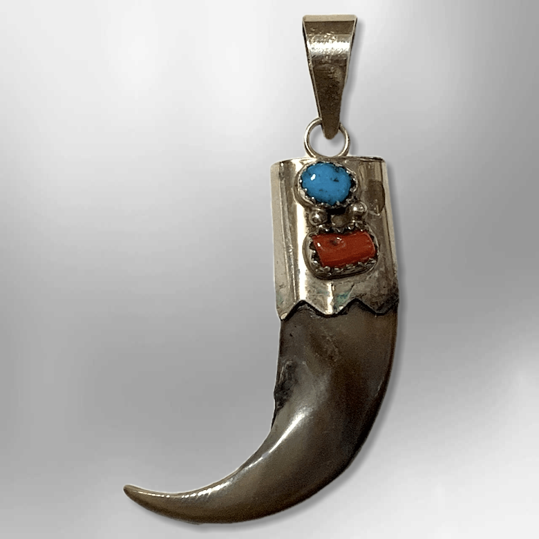 Sterling Silver Navajo Genuine Real Bear Claw Turquoise Coral Pendant - Kachina City