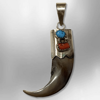 Sterling Silver Navajo Genuine Real Bear Claw Turquoise Coral Pendant - Kachina City