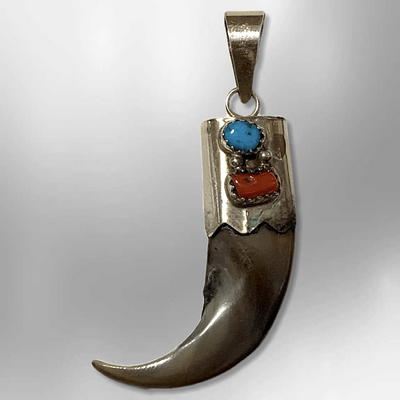 Sterling Silver Navajo Genuine Real Bear Claw Turquoise Coral Pendant