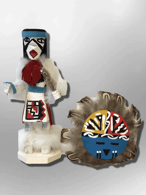 Navajo Handmade Painted Aspen Wood Six Inch Sun Face with Mask Kachina Doll