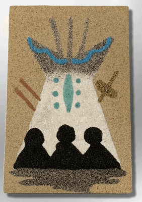 Handmade Native Navajo Rectangle Sand Painting People in Teepee Magnet