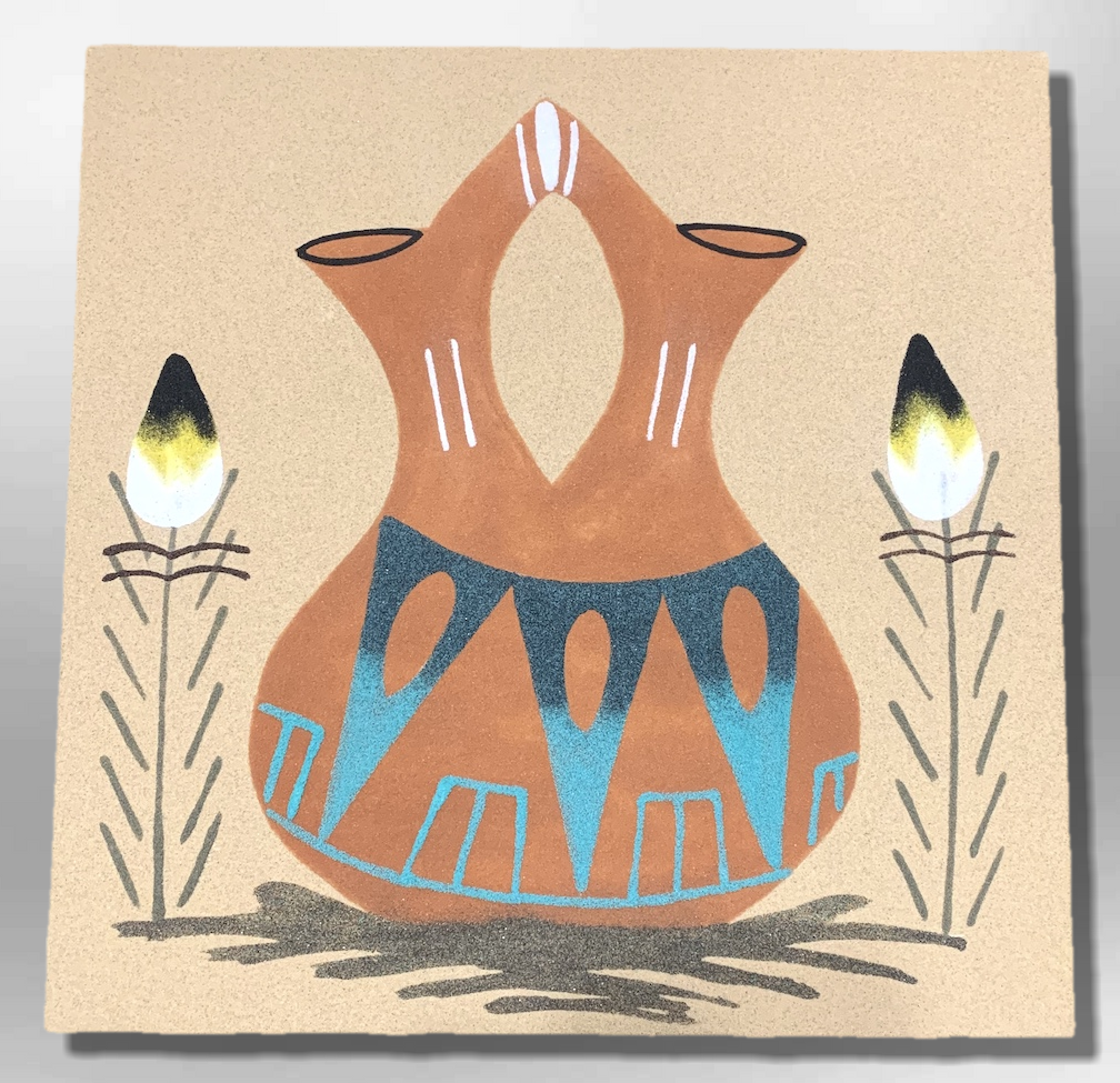 Handmade Sand Painting Navajo 12x12 inch Brown Wedding Vase Design Square Wall Hanging Plate - Kachina City