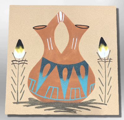 Handmade Sand Painting Navajo 12x12 inch Brown Wedding Vase Design Square Wall Hanging Plate