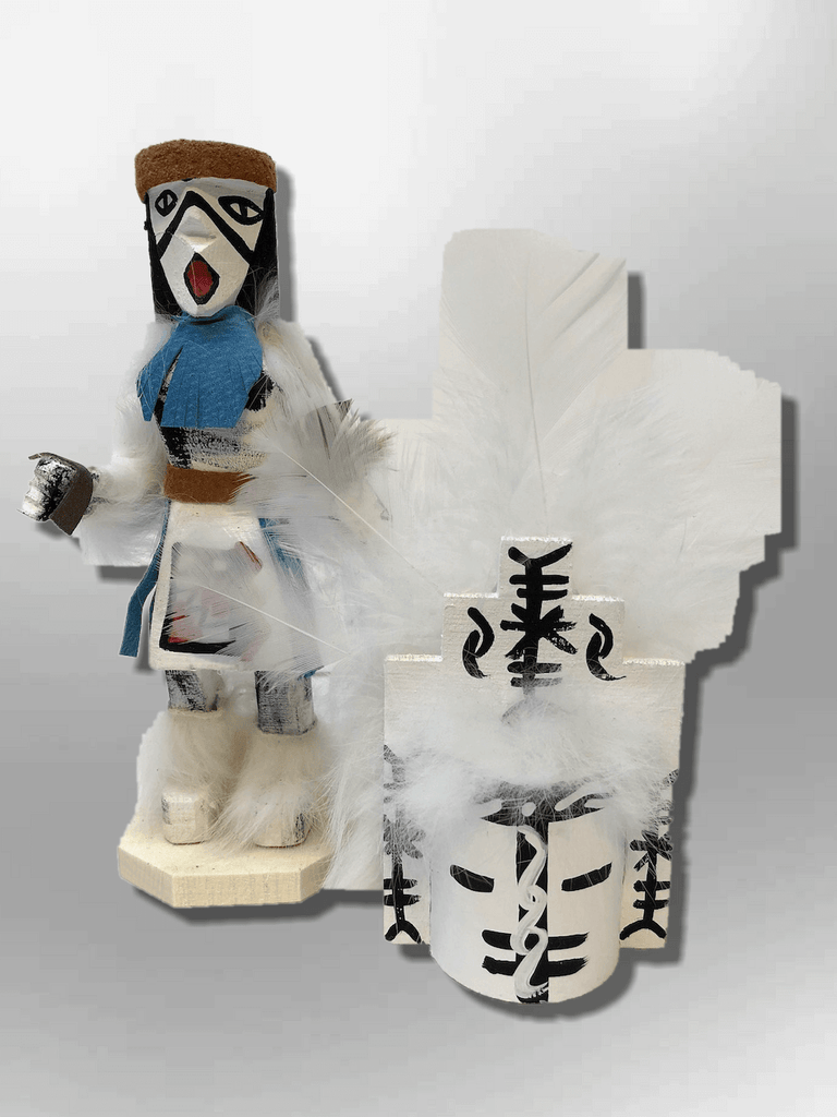 Navajo Handmade Painted Aspen Wood Six Inch White Cloud with Mask Kachina Doll - Kachina City
