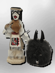 Navajo Handmade Painted Aspen Wood Six Inch Wolf Spirit with Mask Kachina Doll - Kachina City