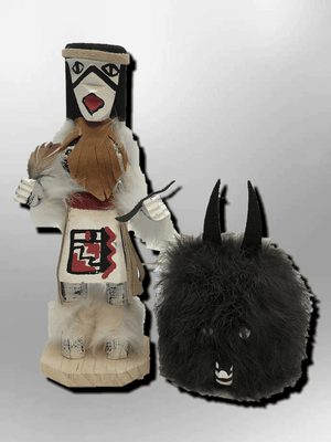 Navajo Handmade Painted Aspen Wood Six Inch Wolf Spirit with Mask Kachina Doll